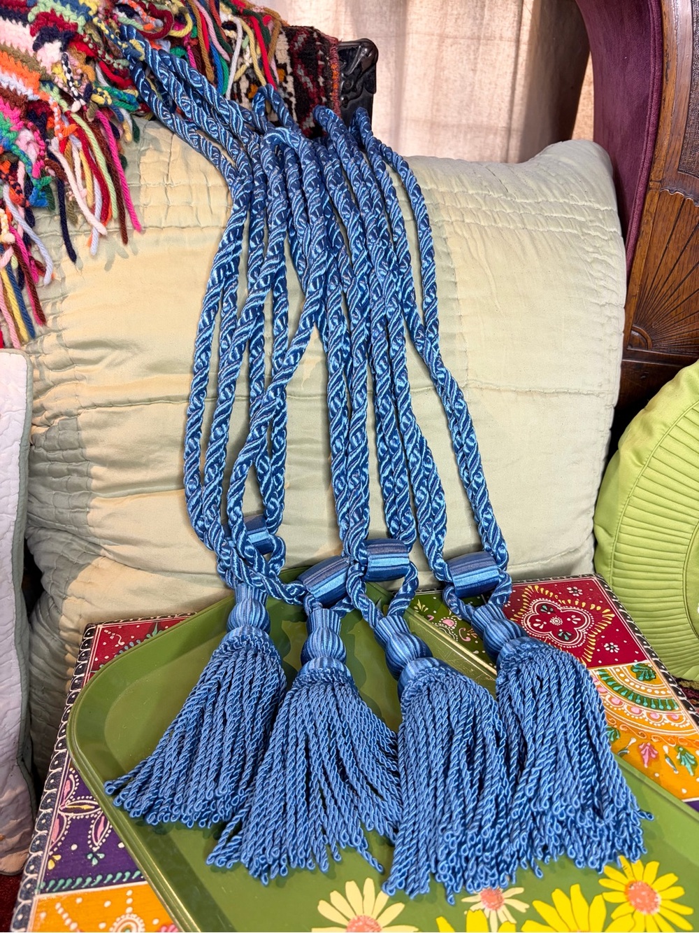 70s Blue Satin Tassel Tieback Set of 4